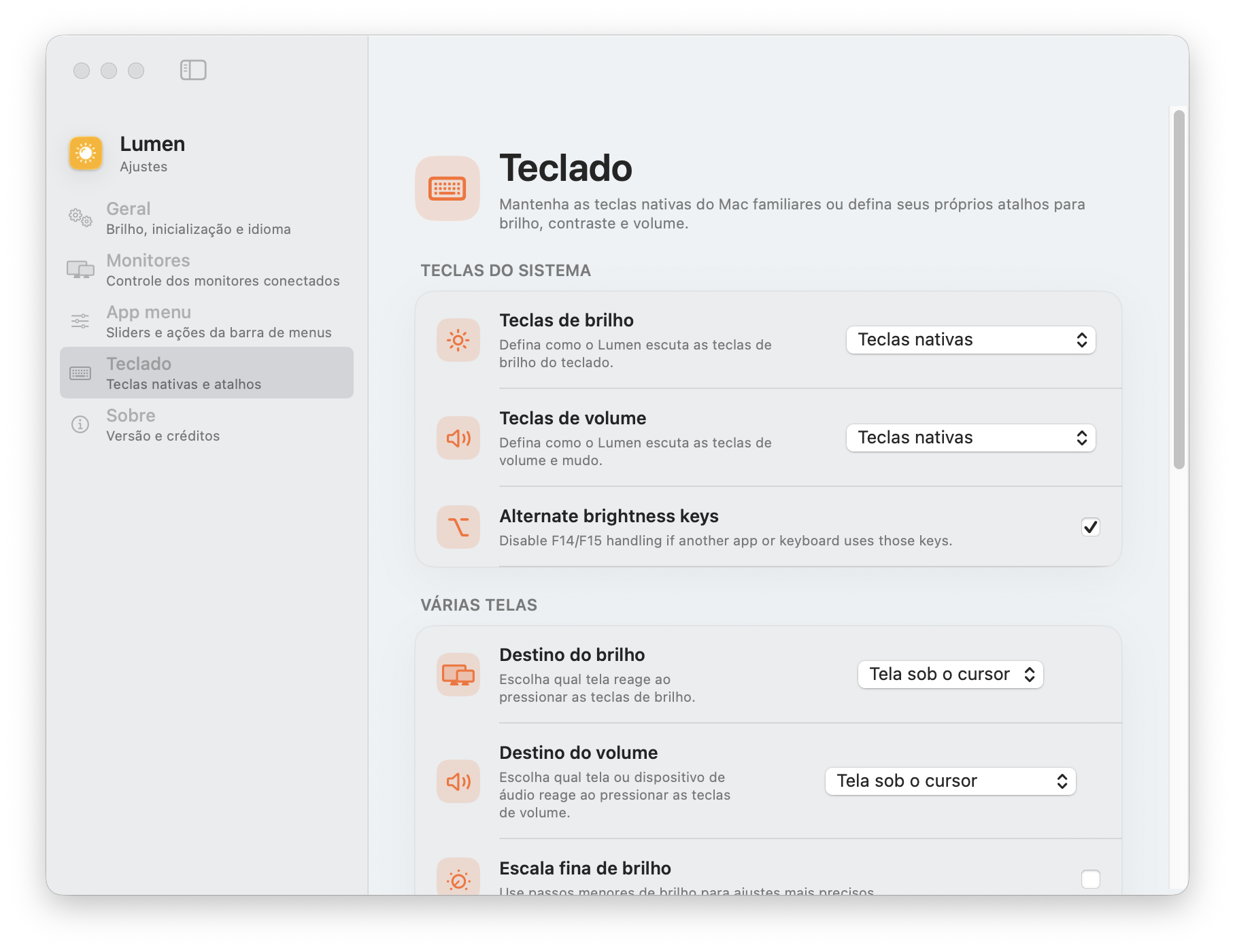 Captura real das configurações de Teclado do Lumen, com teclas nativas, destinos e escala fina de brilho