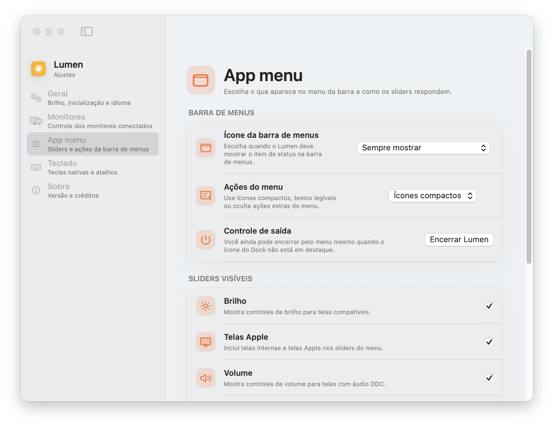 Captura real da tela App menu do Lumen, com escolha de ícone, ações e sliders visíveis