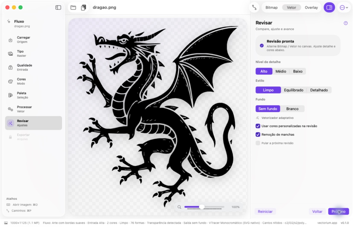 Vectorium com o resultado vetorial e ajustes de detalhe, estilo, fundo e remoção de manchas