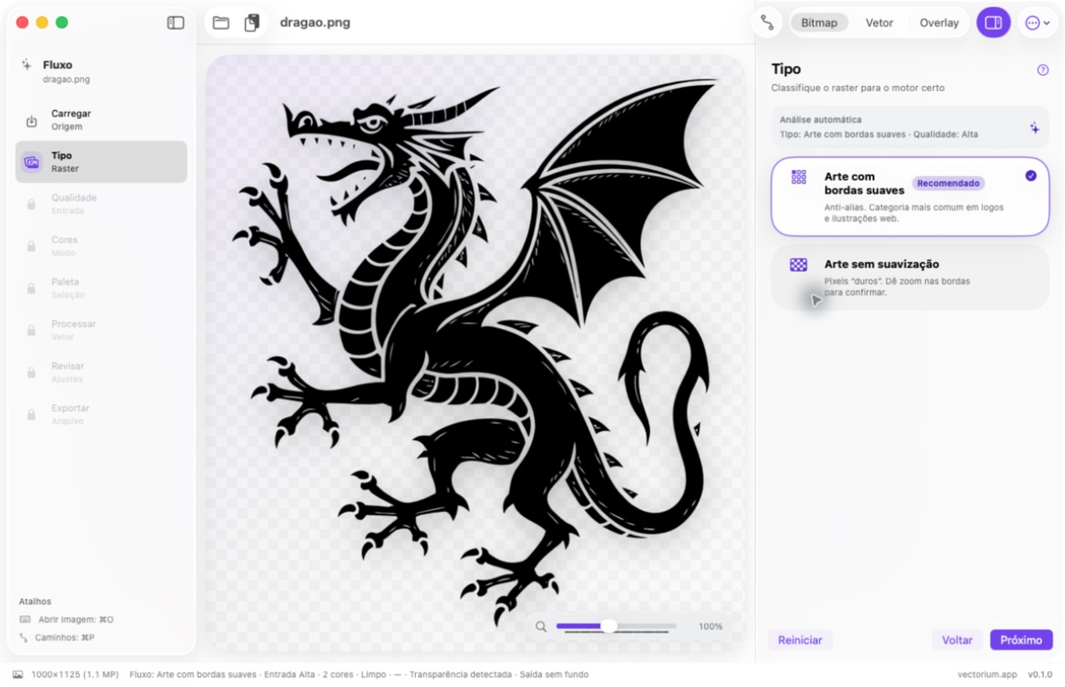 Vectorium com a etapa Tipo aberta e a classificação de arte com bordas suaves selecionada