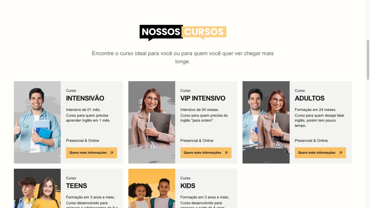 Grade de cursos da Cultural English com opções Intensivão, VIP Intensivo, Adultos, Teens e Kids